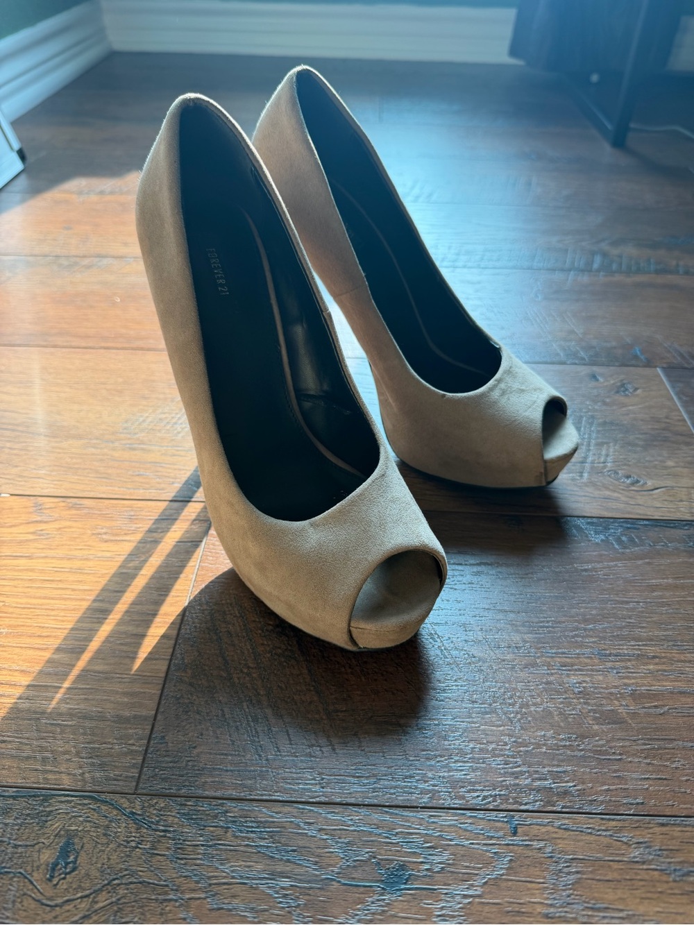 Forever 21 Taupe Peep-Toe Suede Heels